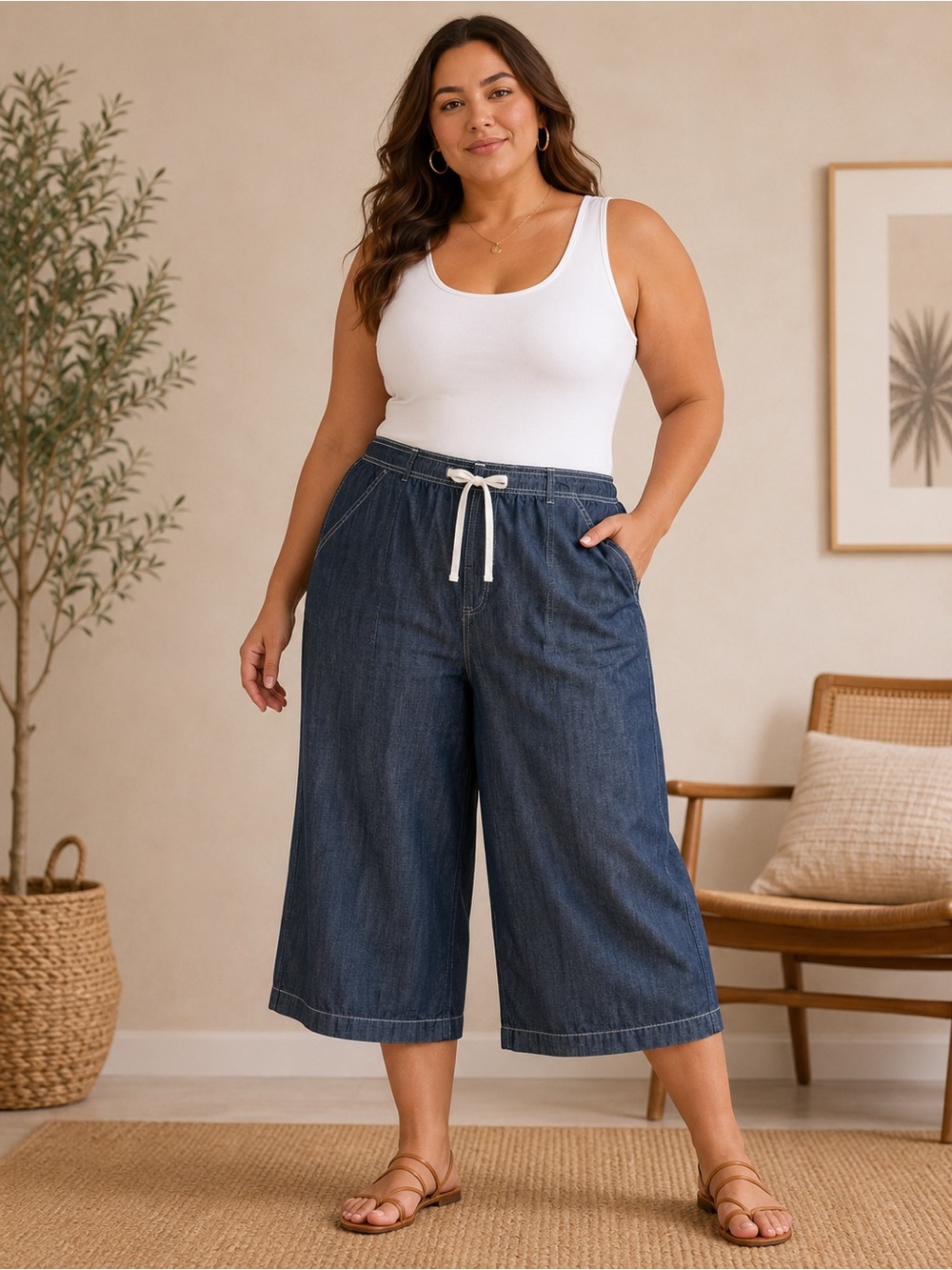 torrid Dark Indigo Wide-Leg Cropped Drawstring Pants Torrid culottes size 30 W